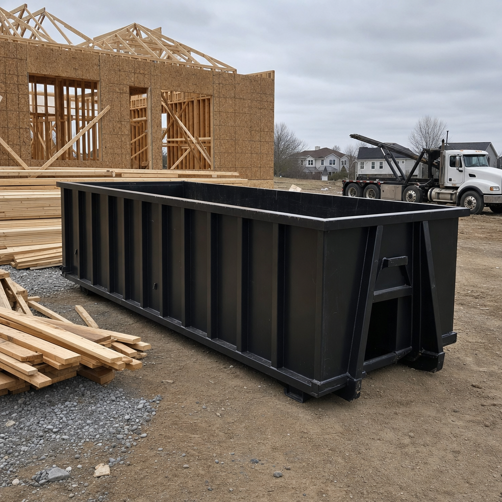 Matte-black 40-yard roll-off dumpster staged on a framed-out residential construction site in Titusville, framing lumber stacked nearby, hooklift delivery truck visible in the background under bright Colorado daylight