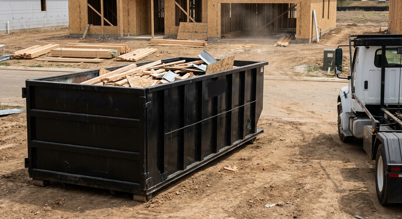 Matte-black 20-yard roll-off construction dumpster with heavy ribbed steel sidewalls and swing rear doors at a working jobsite in Titusville, sitting directly on compacted dirt with an unmarked white hauler partially visible at the far edge of the frame.
