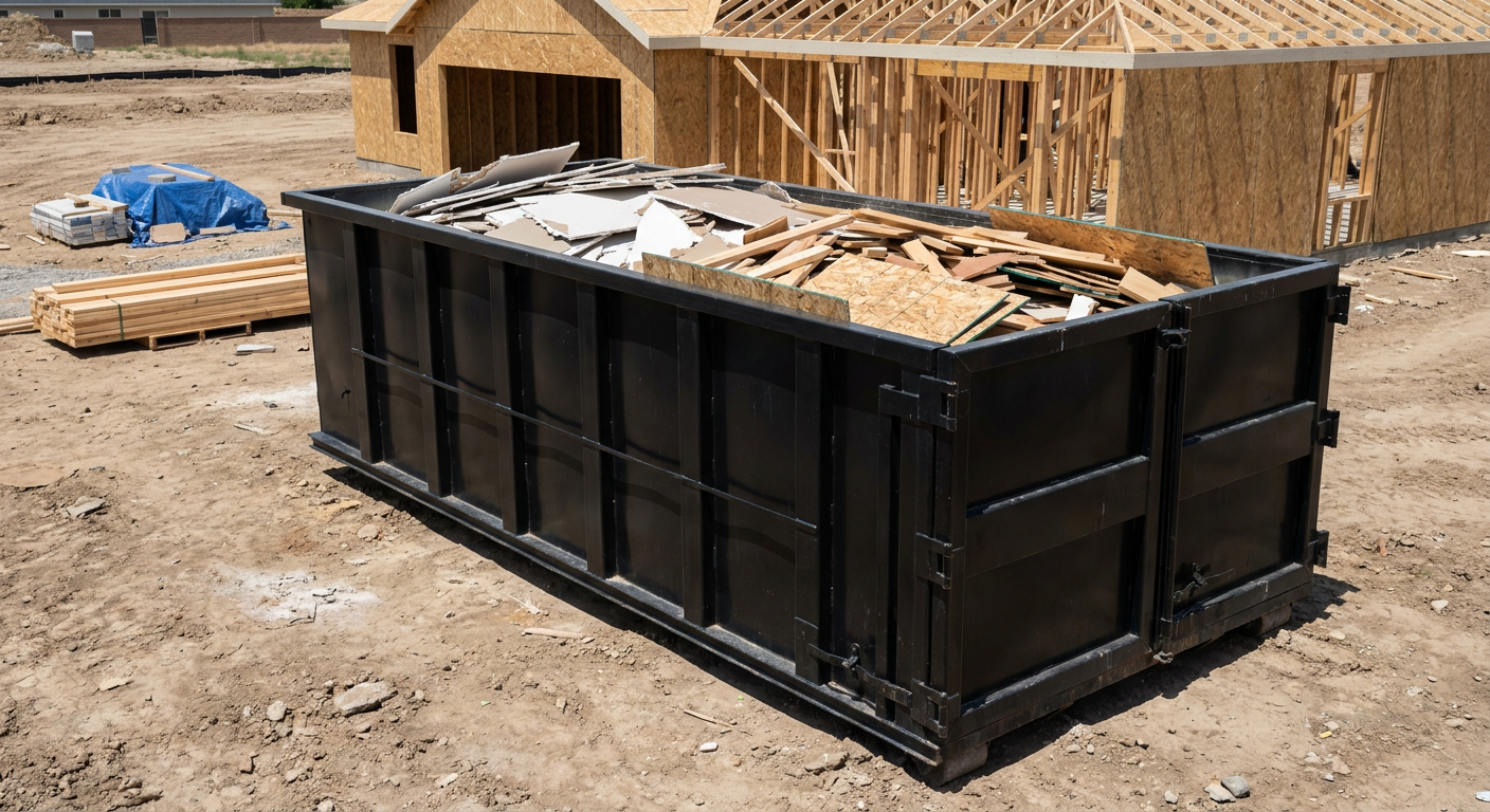 Matte-black 30-yard roll-off construction dumpster sitting directly on the compacted-dirt site of a framed single-family home build in Titusville, drywall and lumber scrap loaded inside.