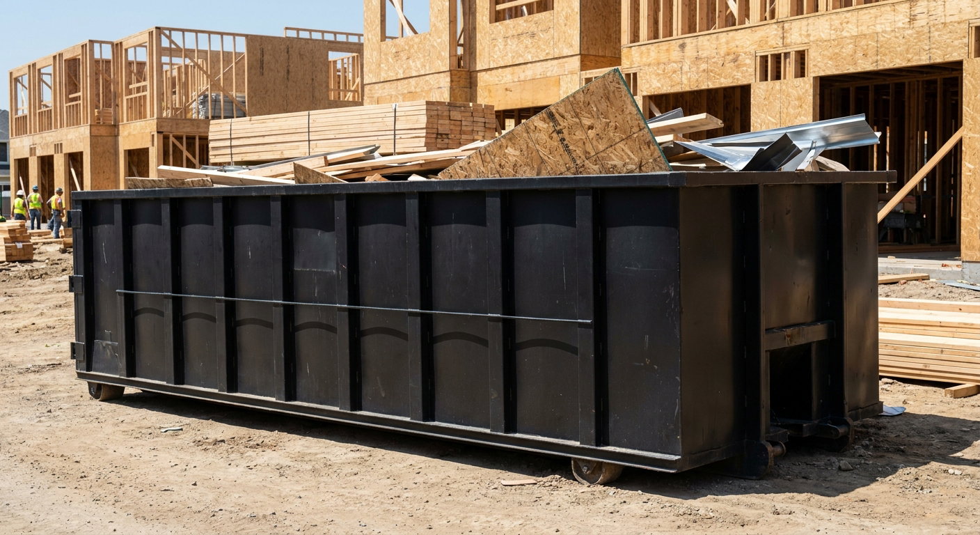 Matte-black 40-yard roll-off construction dumpster being lowered from a white-cab hooklift delivery truck onto the compacted-dirt jobsite at a commercial build site in Titusville