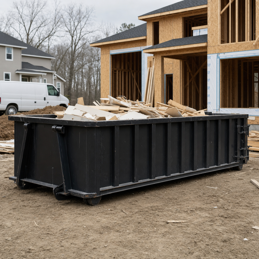 Worker in a yellow high-visibility vest tossing framing lumber and broken drywall into a matte-black 30-yard construction roll-off dumpster on an active build site in Titusville, bright daylight