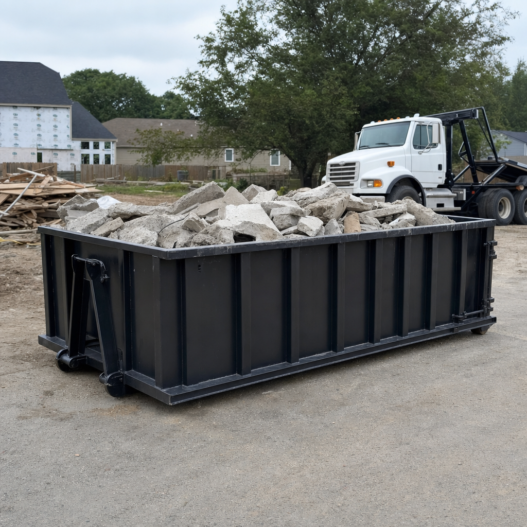 Low-profile matte-black lowboy roll-off dumpster loaded with broken concrete slab and rebar at a foundation tear-out in Titusville, skid steer parked beside it, sunny Colorado morning