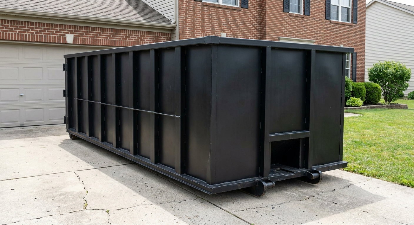 Matte-black 20-yard roll-off container on a Titusville residential concrete driveway with reinforced ribbed steel sidewalls and a hinged rear walk-in door, clean bright daylight.