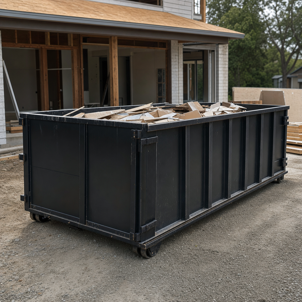 Large matte-black 30-yard construction roll-off dumpster at an active Titusville jobsite, steel-gray top rails and bottom rollers visible, loaded with construction debris.