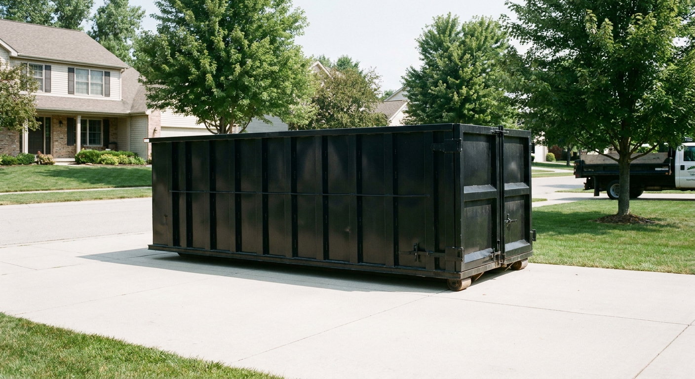 Matte-black 20-yard roll-off dumpster sitting level on a clean Titusville residential concrete driveway under bright daylight, demonstrating clean placement directly on the concrete.