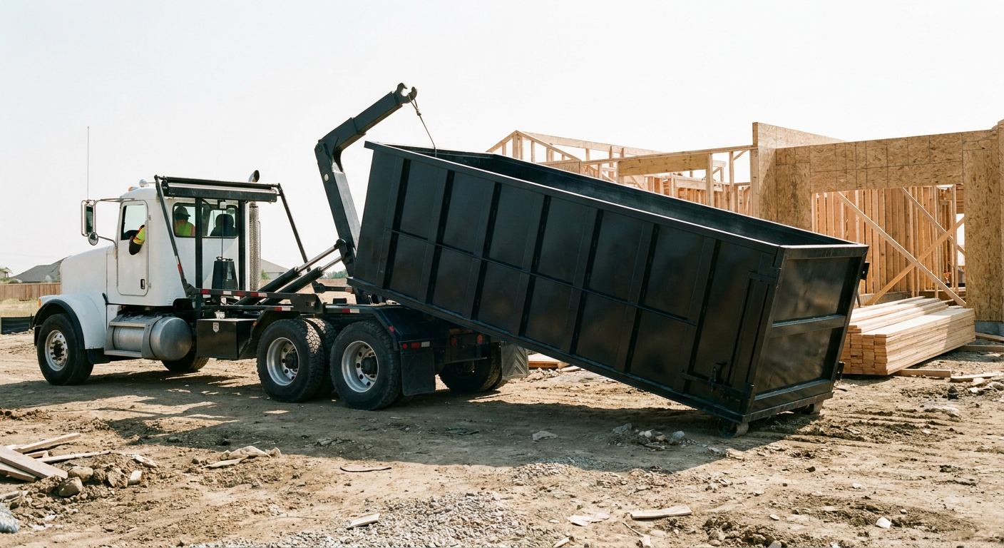 Matte-black roll-off dumpster being delivered onto a clean residential concrete driveway in Titusville by an unmarked white hooklift hauler truck, bright morning daylight, documentary 35mm perspective.