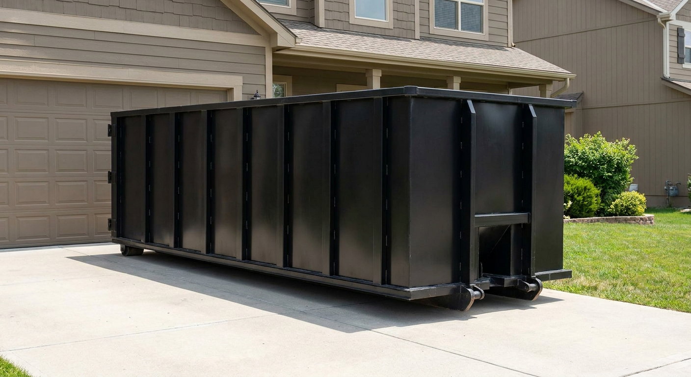 Matte-black residential roll-off dumpster sitting directly on a suburban Titusville concrete driveway, garage door closed, single-family home in background, bright morning daylight.