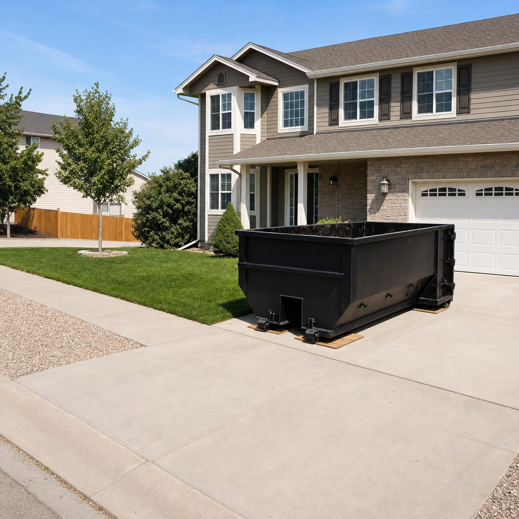 10-yard matte-black residential dumpster placed directly on a narrow Titusville concrete driveway, room remains for a parked sedan beside it, mid-morning natural light