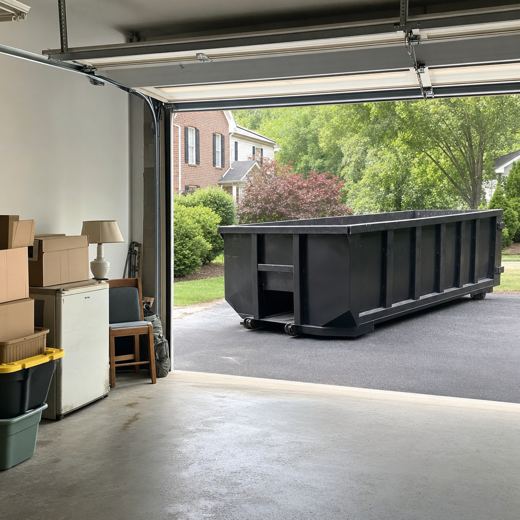 Open garage interior in a Titusville home mid-cleanout — boxed items, an old appliance, and stacked yard tools queued near the driveway for a matte-black roll-off dumpster, organized and calm