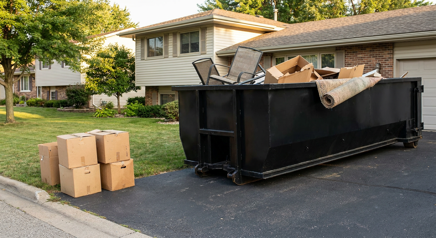Front-yard view of a Titusville split-level home with a 20-yard matte-black roll-off dumpster sitting directly on the asphalt driveway, a few clearly labeled donation boxes staged at the curb, calm sunny afternoon.