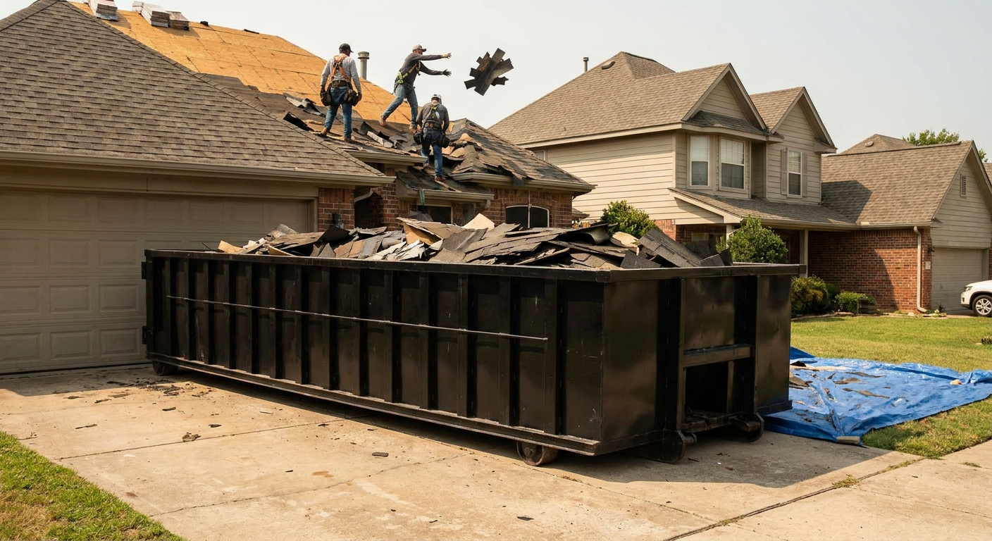 Matte-black roofing roll-off dumpster placed directly on a Titusville residential concrete driveway, a tear-off crew on a two-story asphalt-shingle roof tossing shingle bundles into the low-walled container, bright daylight, documentary 35mm perspective.
