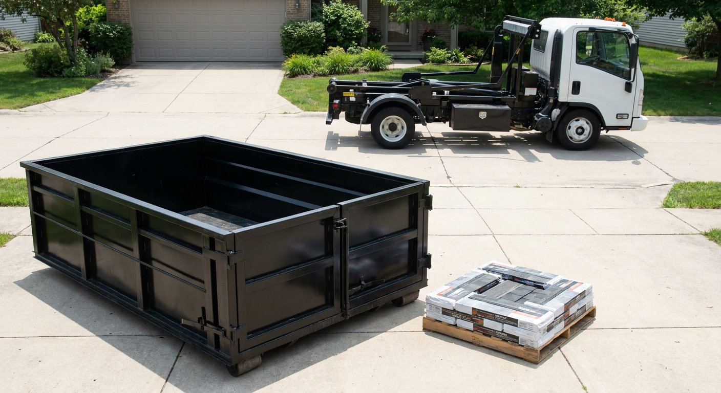 Matte-black 15-yard roofing roll-off dumpster with reinforced low side walls sitting directly on a Titusville residential concrete driveway, three-tab asphalt shingle bundles stacked nearby, an unmarked white hauler truck partially visible at the edge of the frame.