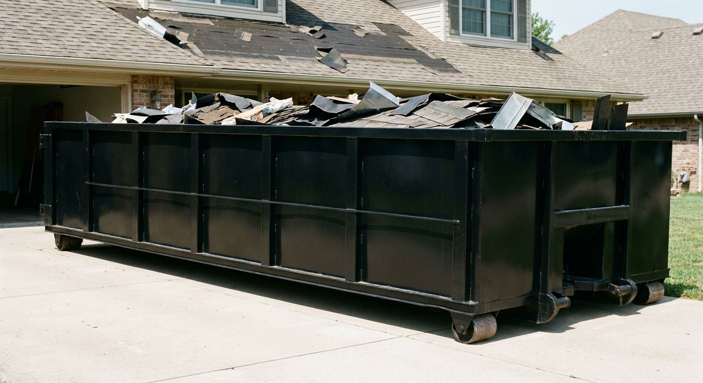 Matte-black 20-yard roofing roll-off dumpster with steel ribbed sides and swinging rear door, sitting directly on the concrete driveway of a two-story Titusville home, asphalt shingle debris being loaded over the low wall, clean documentary lighting.