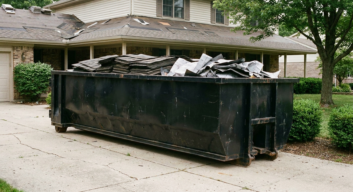 Matte-black 30-yard roofing roll-off dumpster sitting directly on a Titusville concrete driveway, taller ribbed steel side panels, mixed tear-off debris of asphalt shingles and underlayment inside, professional documentary daylight.