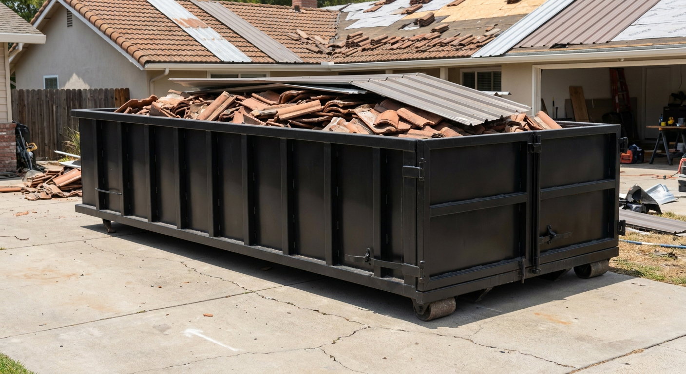 Matte-black low-wall heavy-debris roofing roll-off dumpster sitting directly on a Titusville concrete driveway, broken concrete clay roof tiles and metal panel sections loaded inside, reinforced ribbed steel side walls visible, bright outdoor daylight.