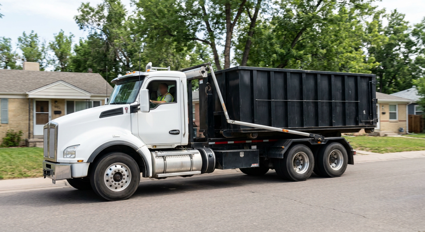 A wide documentary shot of a matte-black roll-off delivery truck pulling onto a quiet Titusville residential street at mid-morning, with neighborhood rooftops and tree-lined blocks visible behind, showing the metro coverage footprint.