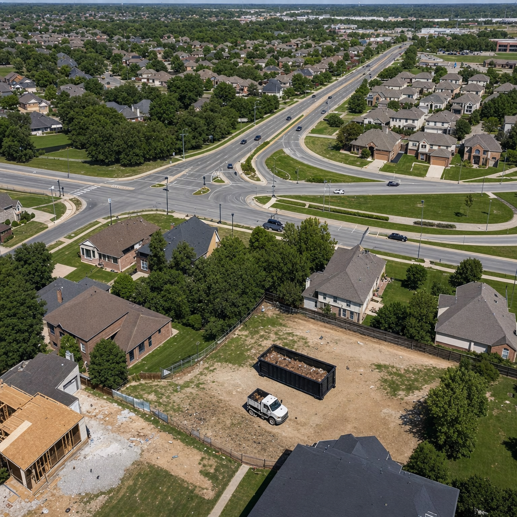 An overhead documentary view of the Titusville metro area at midday, showing the spread of neighborhoods, arterial roads, and the dispatch radius from a central yard — clean daylight, organized geographic layout.