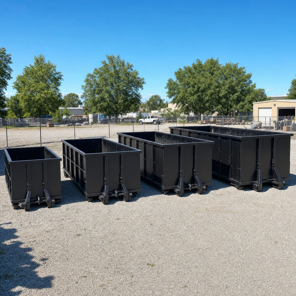 A clean lineup of matte-black roll-off dumpsters in 10, 20, 30, and 40-yard sizes staged on a sunlit gravel yard in Titusville, showing the size progression from compact to commercial-scale containers.