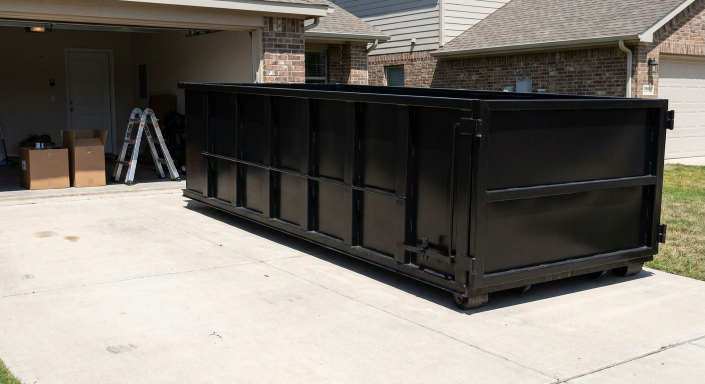 A matte-black 10-yard roll-off dumpster sitting directly on a residential Titusville concrete driveway, mid-day sunlight, clean and ready for a garage cleanout.