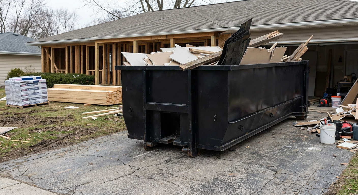 A matte-black 20-yard roll-off dumpster placed alongside a mid-renovation Titusville home directly on the asphalt driveway, with framing materials and torn-off shingles staged neatly nearby.