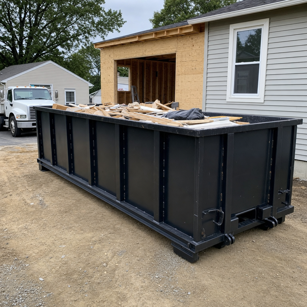 A matte-black 30-yard roll-off dumpster positioned at a Titusville residential addition jobsite, with framing lumber and drywall scraps loaded through the open swinging rear doors.