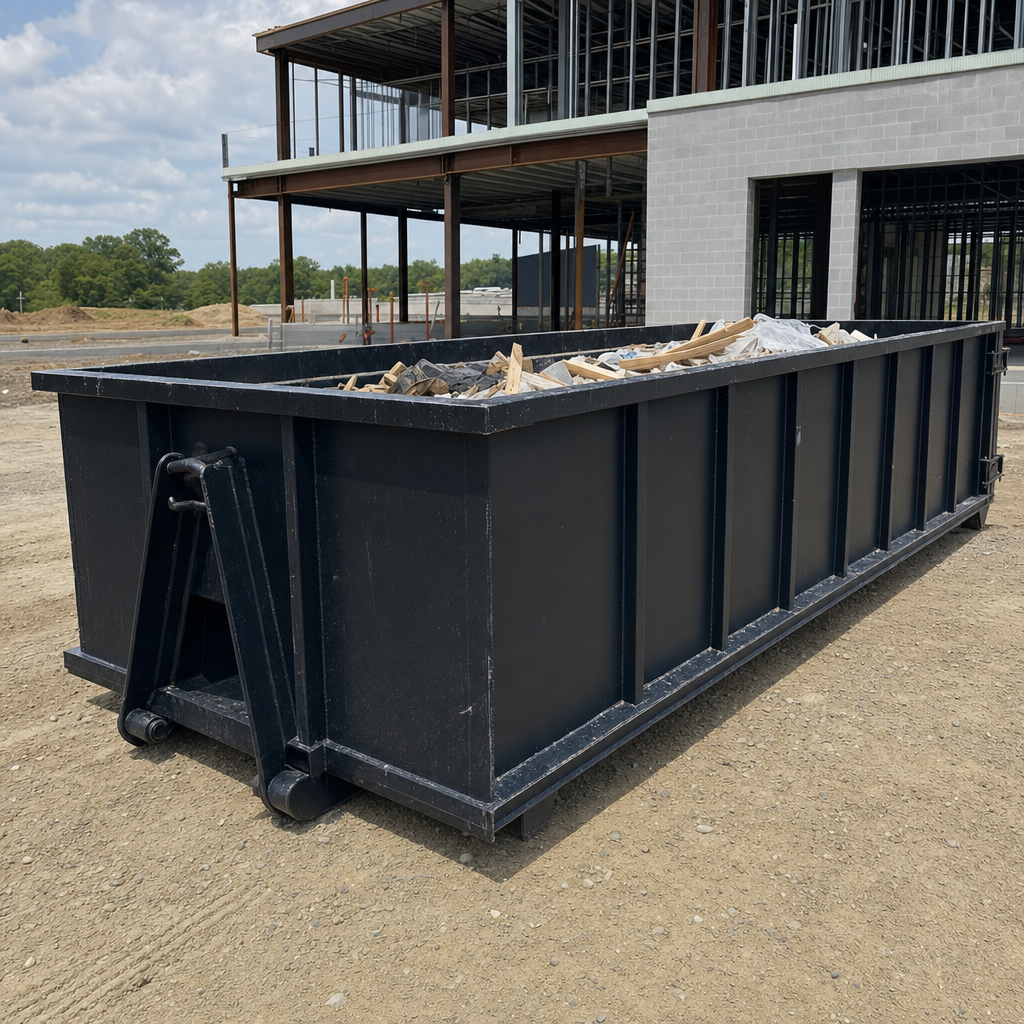 A matte-black 40-yard roll-off dumpster staged on a large Titusville commercial construction lot, with a hooklift delivery truck parked alongside under bright midday sky.