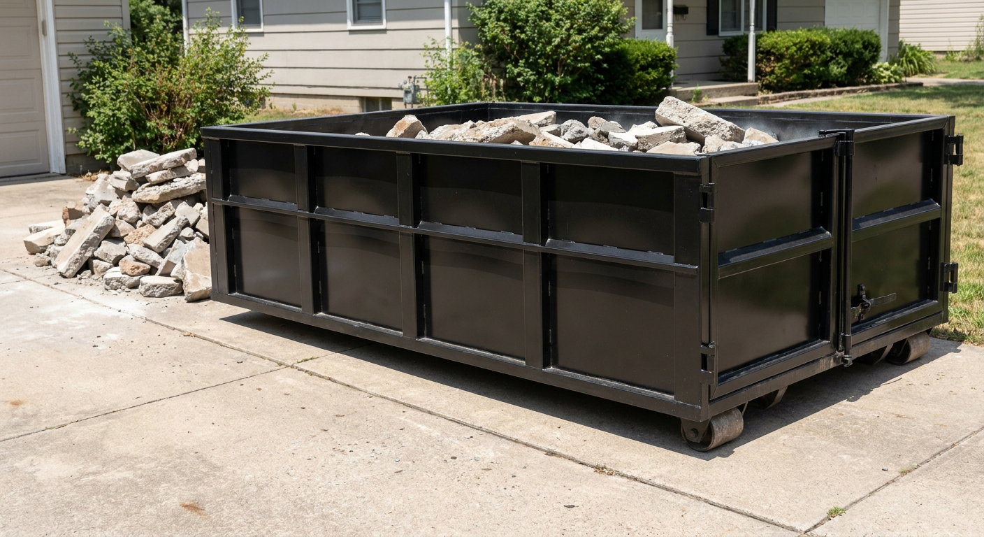A matte-black low-side heavy-debris roll-off dumpster placed directly on a Titusville concrete driveway, with broken concrete chunks neatly stacked beside it under clean daylight.